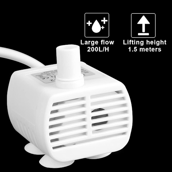 (Hvit) Nedsenkbar vannpumpe, akvariepumpe justerbar 200L/H 3W ultra-stille USB-pumpe for damfisk