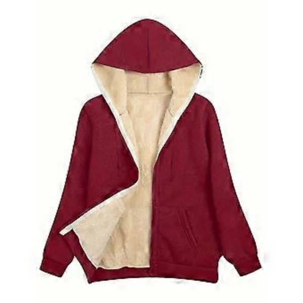 Varm vinterkappa för damer med plyschhuva (3XL vinröd)