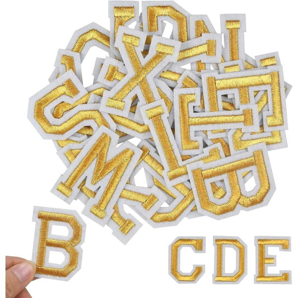 52 st påstrykningsbokstäver, A-Z alfabetsapplikationslappar, guldsydd