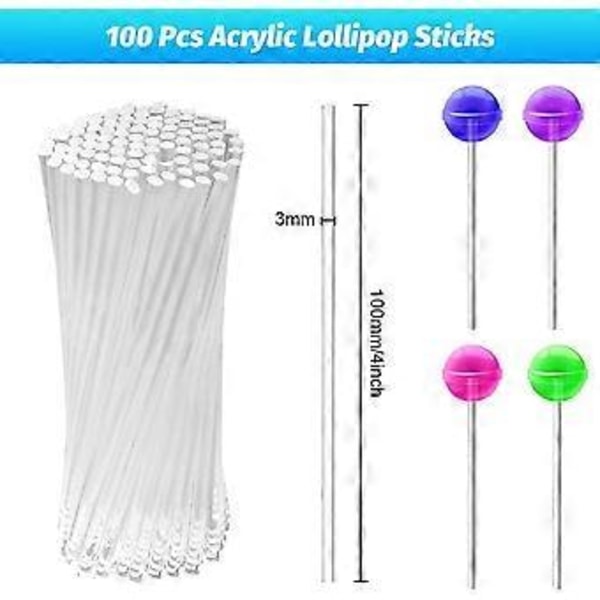 100 stk. Akryl Lollipop-pinner 10 cm, Gjenbrukbare Godteripinner