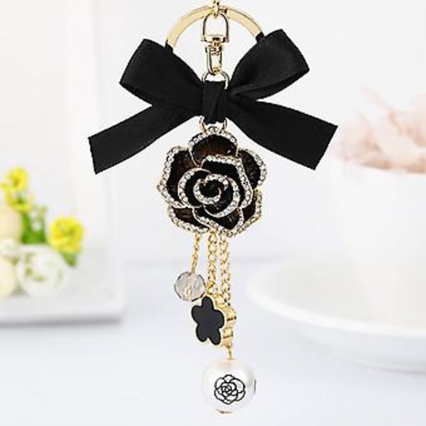 JUSCH Blomst Tassel Buesløjfe Nøglering Perle Bil Nøglering Holder Pung Taske---Sort