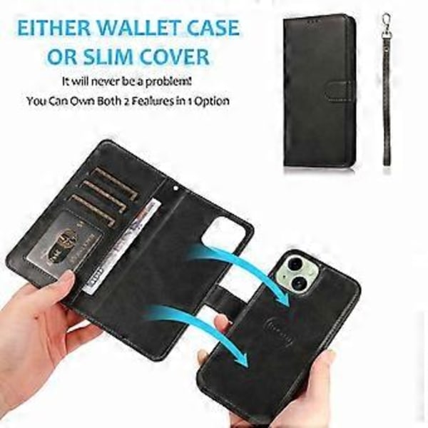 iPhone 15 Plus PU-nahkainen lompakko-telinepuhelimen kuori irrotettava 2-in-1 puhelimen suojus (tyyli F)