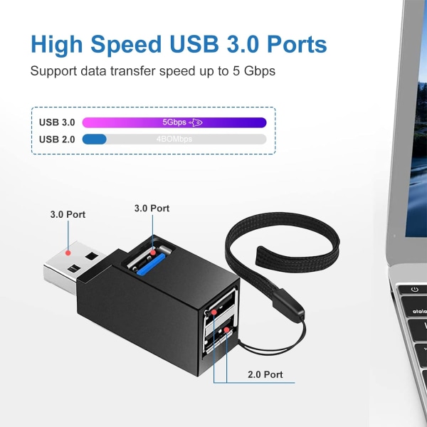 (Sort) 3 Port USB 3.0 Hub (2 USB 2.0 + USB 3.0), Bærbar Adapter, USB Dock