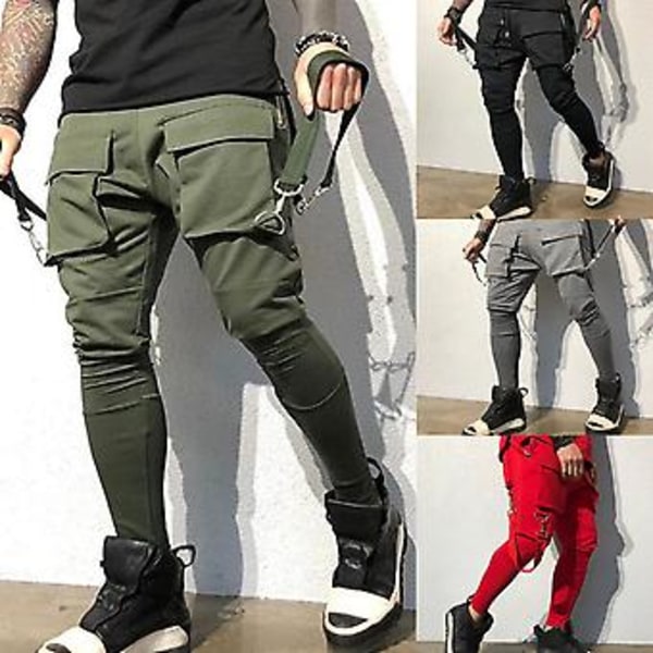 Elastisen vyötärön hihnallinen, monilla taskuilla varustetut cargo-housut miehille, yksivärinen, keski-istuva, rento hip hop -tyyli, katutyyli (3XL musta)