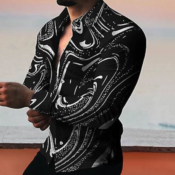 Fianao Herrskjorta Långärmad Nedåtvänd Krage Färgstark Tryckt Enknäppt Sommar Topp Herr Klubbkläder (2XL Svart)