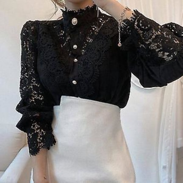 Langærmet Damebluse med Blonder, Fransk Bluser, Blomsterudskæring, Stående Krave (XXXS Aprikos)