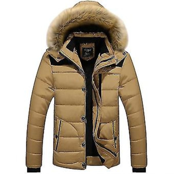 Men Faux Fur Hooded Coat Padded Quilted Puffer Bubble Jacket (M Khaki)