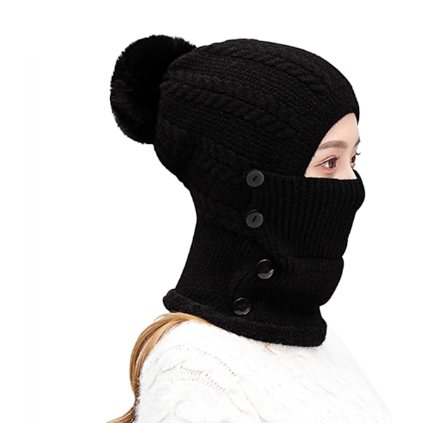Varmt Fleece Hættehue - Sort Halsvarmer Strikket Hue Tyk Hue