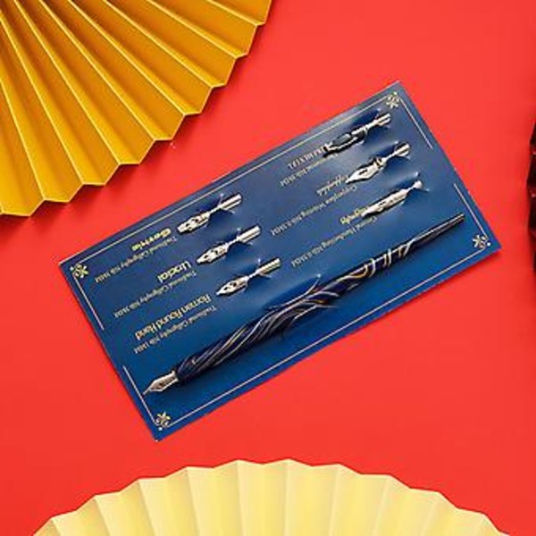 Marmor Træ Manga Kalligrafi Dyppe Pen Holder med 6 Nibber til Bogstaver Skitsering Kunst Tegning Malerværktøj (Sort)