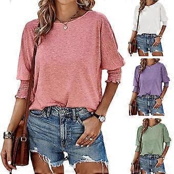 Dame Crew Neck Tunika Top Tee Top 3/4 Ærme Basic T-shirts Basic Tee Bluser Ensfarvet Løs Pasform Tunika Top Bluser Sort S(S Sort)
