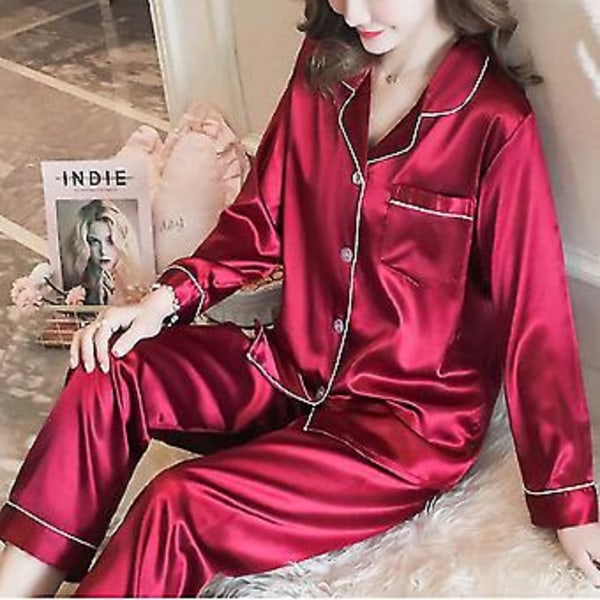 Kvinders Satin Silke Look Natskjorte Pyjamas Langærmet Natsæt (L Rød)