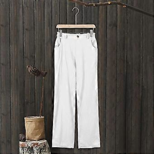 Linne Cropped Loose Fit Bomull Dam Capri Byxor Lediga Dam Crop Capris Elastisk Midja Sommar (M Vit)