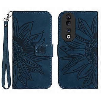 Solrosmönster Läderfodral för Honor 90, Plånboksställ Telefonfodral med Handrem