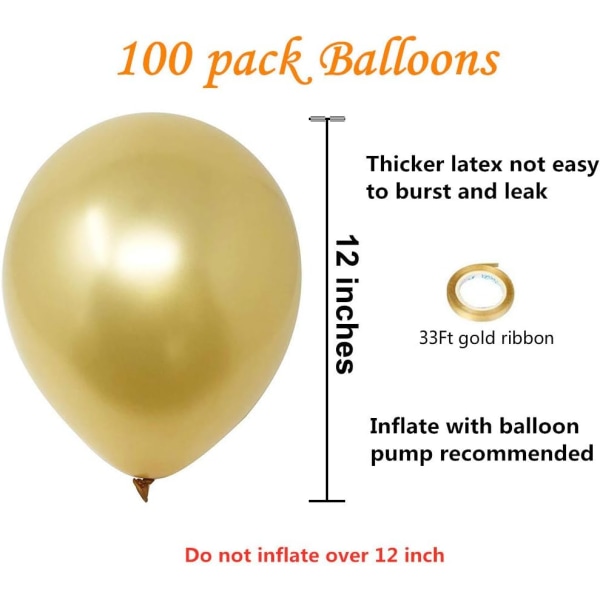 100 Pack Gold Metallic Chrome Latex Balloons, 12" Round Heli