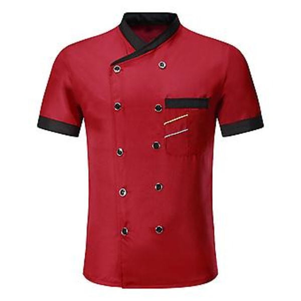 Kokin paita, kaksoisrintainen, laikutasku, pystykaulus, napit, lyhythihainen, unisex, pluskoko, kokin univormu, ravintola-asu (L punainen)