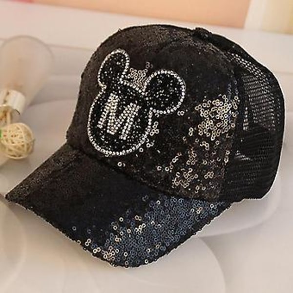 Pojkflicka Mickey Minnie Mouse Mesh Paljett Baseballkeps Justerbar Sommar Hip Hop Hatt Barn (Svart)