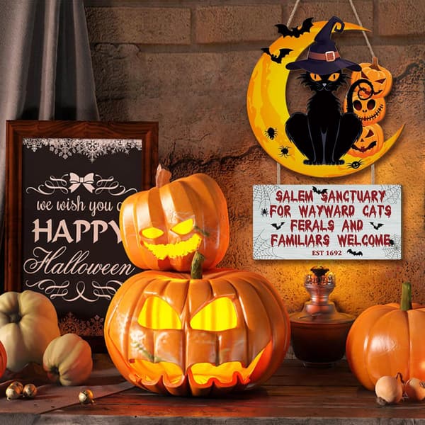 Halloween Velkomstdekorasjon: Gresskar, Svart Katt og Flaggermus Treskilt