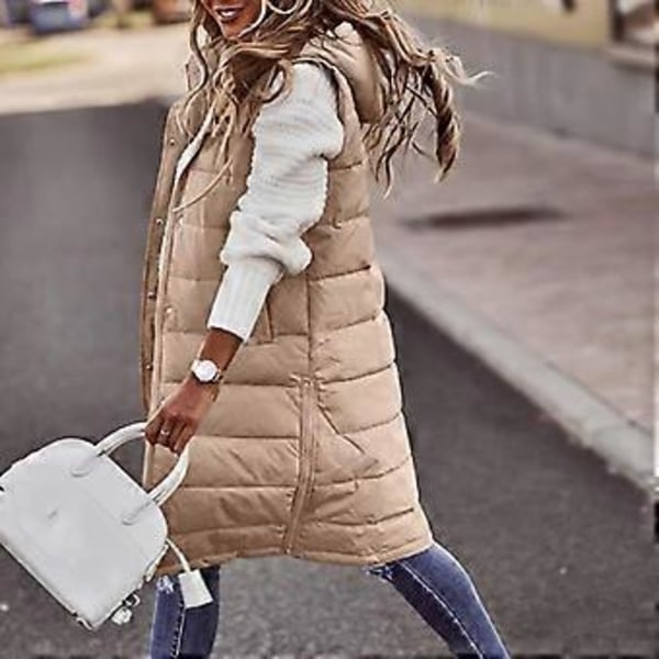 Lätta vintertröjor Lång med huva Utomhusväst Dun Damjacka Quiltad kappa Enfärgad Ärmlös jacka med huva (XL beige)