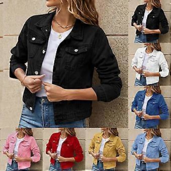 Dam Höst Denim Korta Jackor Dam Vinter Enkelknäppta Långärmade Nedvikt Krage Jeansjackor (M röd)