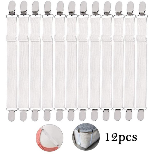 (Vit, 12-pack) Elastisk lakansspännare, justerbar hållare