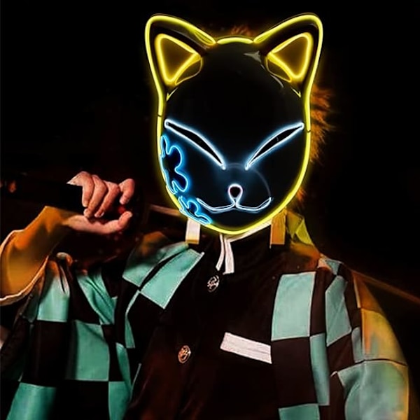 Demon Slayer Cosplay Mask, LED-belyst mask för Halloween-kostym