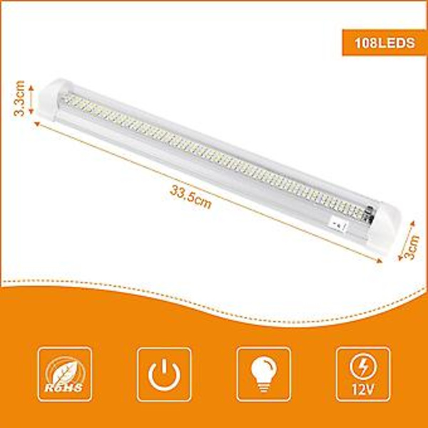 12V LED Innvendig Lyslist, Lyse Bil Lys med På/Av Bryter 1200LM Strip Bar Lampe for Bil Varebil Camping Lastebil Båt 2 stk