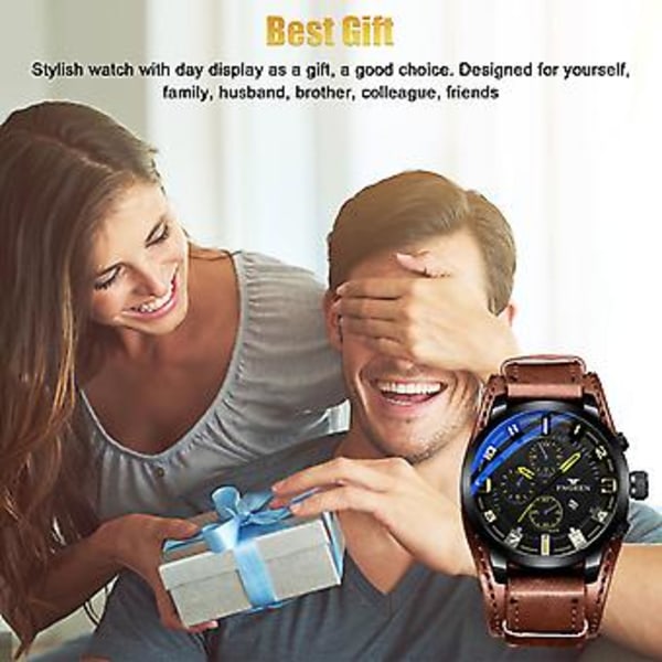 Mode Herr Quartz Klocka Kalender Vattentät Sport Business Läderarmband (Ljusbrun)