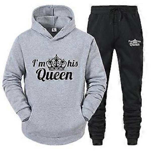 King Queen -collegepaita-setti miehille ja naisille, vapaa-ajan urheiluhupparisetti, kaksiosainen asu -NMAOV (S QUEEN harmaa ja musta)