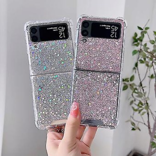 Transparent Glitter Cover Kompatibel med Samsung Galaxy Z Flip 4, Hård PC Firehjørnet Stødsikker Cover