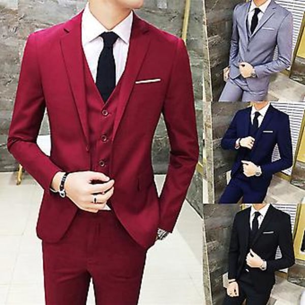 Fianao Tredelad Plus Size Bröllop Business Herrar Formell Kostym Väst Blazer Byxor Set (M Vinröd)
