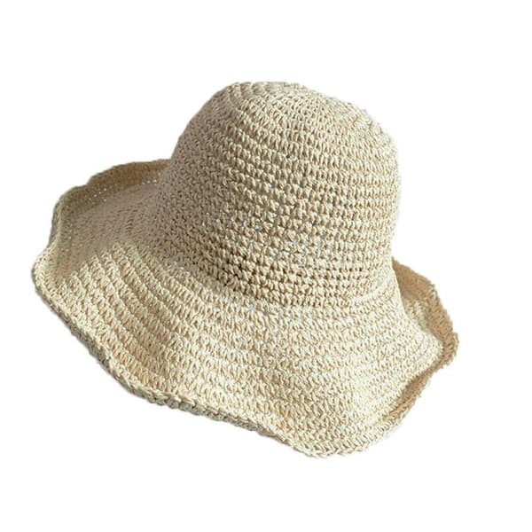 Sommerhatt for damer, stråhatt, strandhatt, sammenleggbar, bred brem, floppy, beige