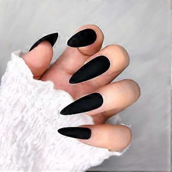 Morily 24 stk. Falske Negle Mat Pure Farve Medium Lange Stiletto Mandel Tryk på Negle Falske Spidser Kunstige Finger Manicure til Kvinder og Piger (Sort).N