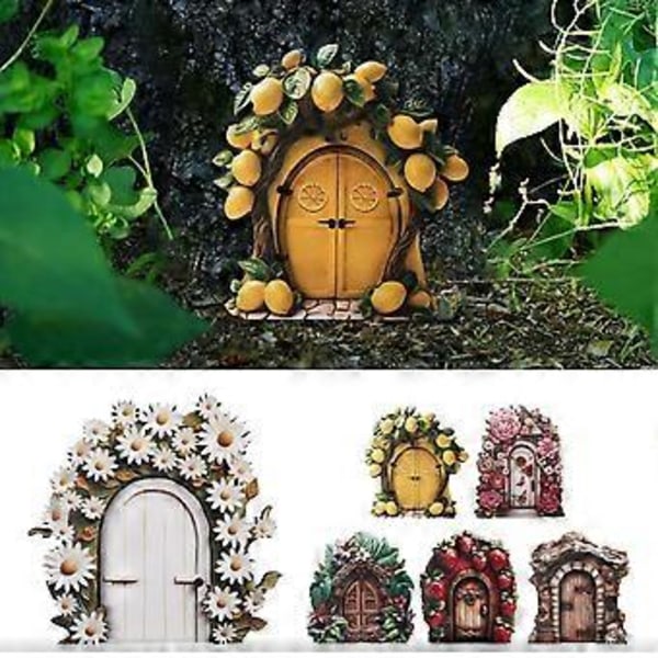 4x Miniatyr Fé Trädgårdsdörr Trä Trädgårdsstaty för Utomhus Gräsmatta Dekoration Rosa Blomma
