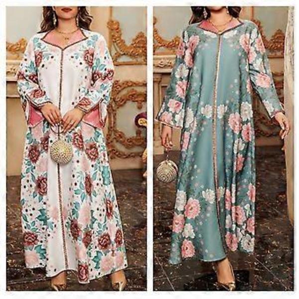 Islamisk Kvindekjole Fuld Længde Kaftan Kjole Blomsterprint Kjole Fuld Længde Islamisk Kjole Mellemøstlig Kåbe Grøn XXL(XXL Grøn)