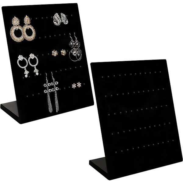 Svart sammets smyckes- och örhängesdisplay (set om 2) - L-formad örhängehållare med 60 hål för 30