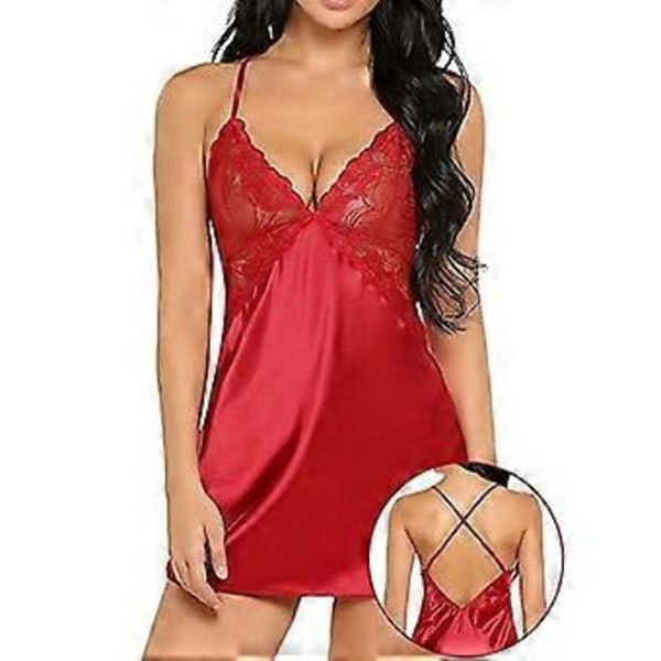 Nattlinne Nattkläder För Sexiga Kvinnor Spets Silkeslen Mjuk Glänsande Satin Chemise Flerfärgad Valfri (XL Röd)