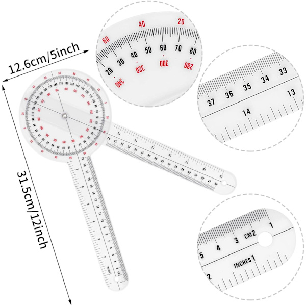 Prasacco 12 tommer goniometer, transparent ortopædisk vinkel lineal P