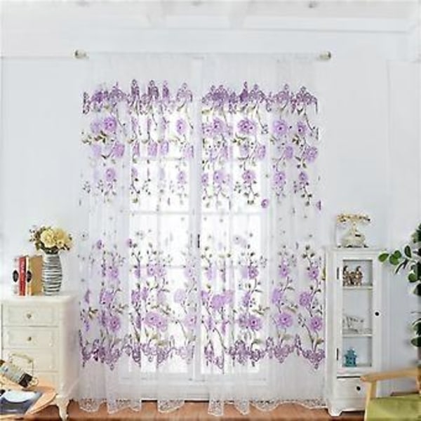 Läpikuultavat verhopaneelit Tylli Offset-painettu Pioni Kuvio Varjostusverho olohuoneeseen (1 kpl) (Violetti-100x200cm)