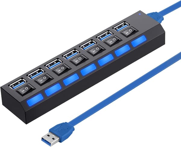 Multiport USB-splitter, 7-port USB 3.0-hub, USB A-datahub med I