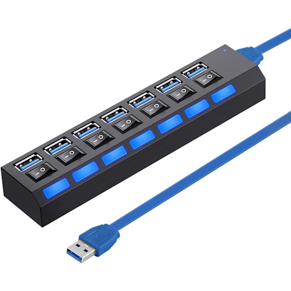 Multiport USB-splitter, 7-porterst USB 3.0-hub, USB A-datahub med I