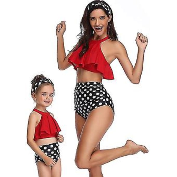 Flickbaddräkt Tvådelad Bikini Set Volang Falbala Badkläder Baddräkter-e( Röd B)