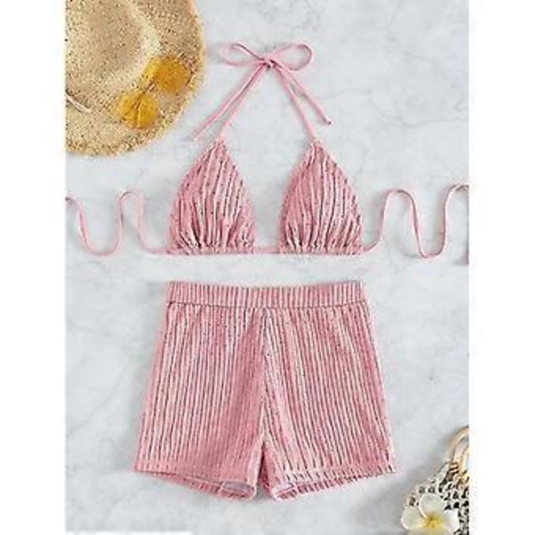 Sportiga tvådelade baddräkter för damer, halterneck push up-toppar, atletiska badkläder, ribbad bikini set Orange M(M Orange)