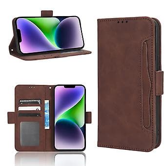 Lærtelefonveske med kortspor for iPhone 15 Plus (Brun)