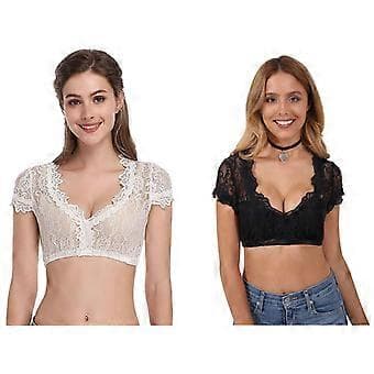 Dirndl Bluse til Kvinder Dyb V-hals Halværme Blonde Crop Top Oktoberfest Kostume (L Sort)