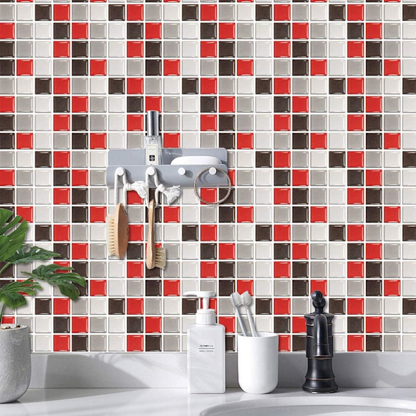 24 Stk (Röd Mosaik) Rektangulära Självhäftande Dekorativa Klinker