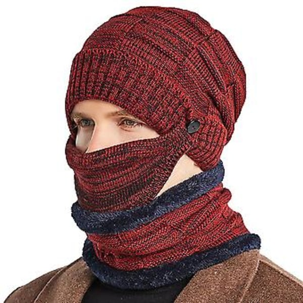 Varm vintermössa i stickad fleece med halsduk och ansiktsmask för män (Vinröd)