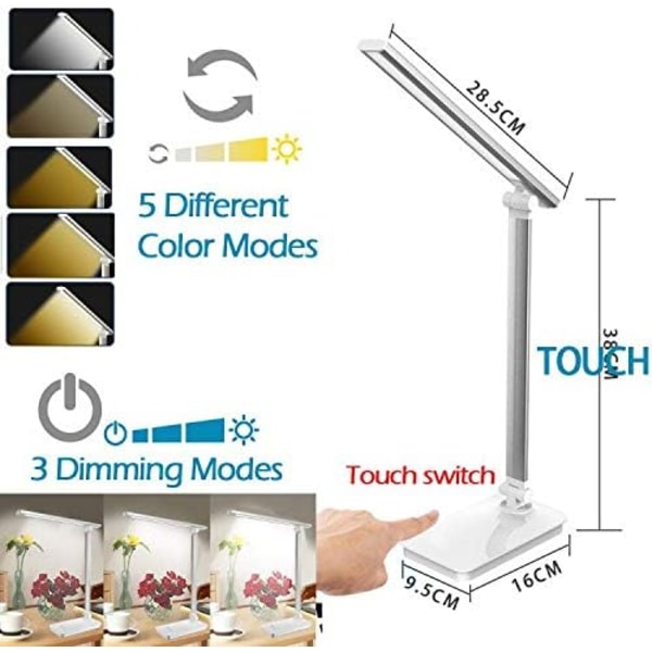LED Skrivebordslampe, 3 Lysstyrke Niveau, 5 Farvetilstande med Rotering