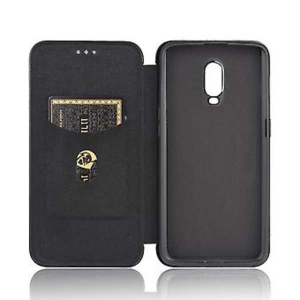 För OnePlus 6T Kolfiber Läderfodral (Svart)