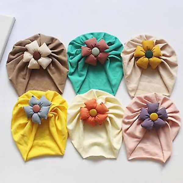 Baby Toddler Hatt Söt Blomma Knyta Beanie Cap Huvudband Nyfödd Mjuk Solid Färg Bonnet Spädbarn Huvudbonader För 3-18 Månader Babygåvor (Gul och Grå)