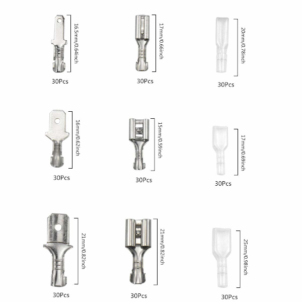 270 stycken Han- och Honkontakt, 2,8 mm 4,8 mm 6,3 mm Trådterminal Krympterminalblock med In